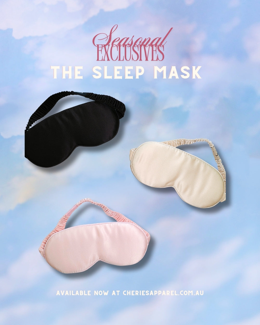 Three mulberry silk sleep masks with adjustable strap, shown folded on a blue cloudy sky background